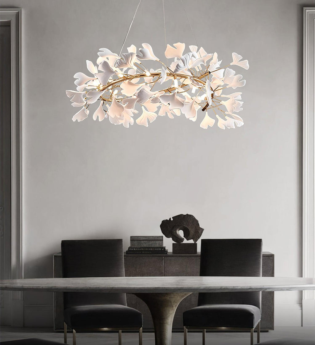 Chandelier White Ceramic Ginkgo Petals Gold Branches Art