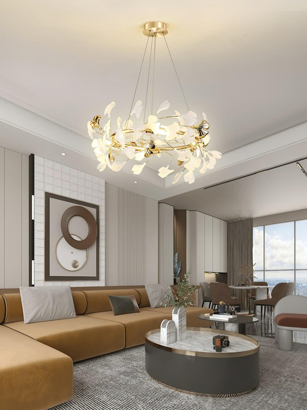 Chandelier White Ceramic Ginkgo Petals Gold Branches Art