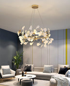 Chandelier White Ceramic Ginkgo Petals Gold Branches Art