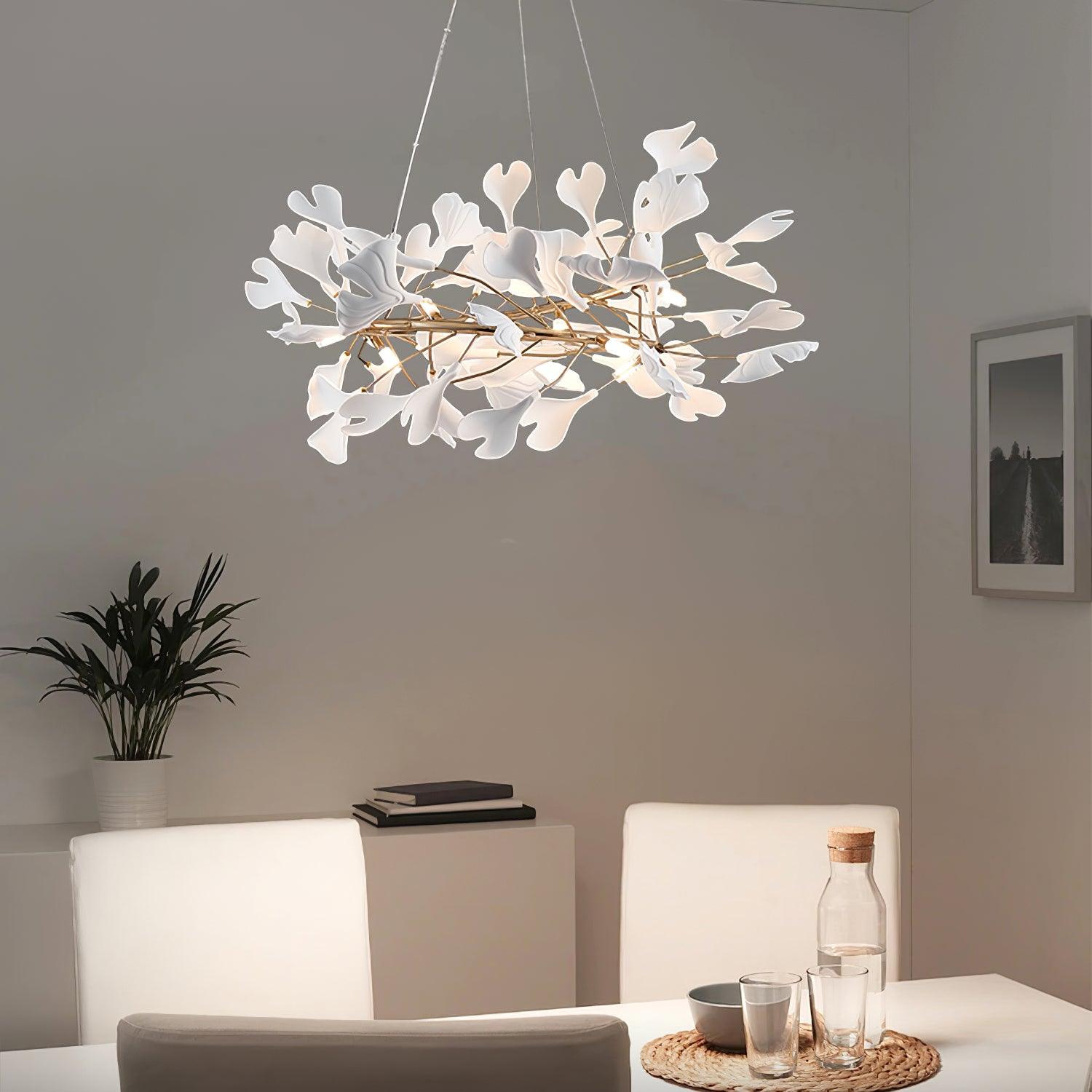 Chandelier White Ceramic Ginkgo Petals Gold Branches Art