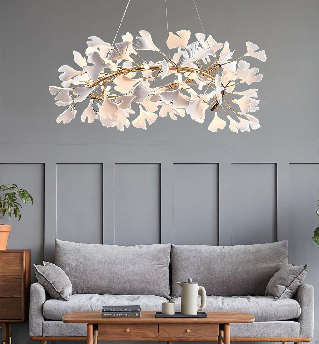 Chandelier White Ceramic Ginkgo Petals Gold Branches Art