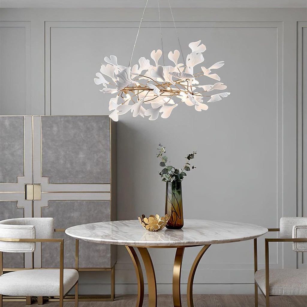 Chandelier White Ceramic Ginkgo Petals Gold Branches Art