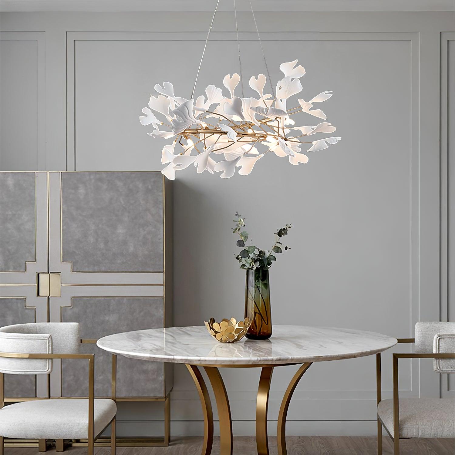 Chandelier White Ceramic Ginkgo Petals Gold Branches Art