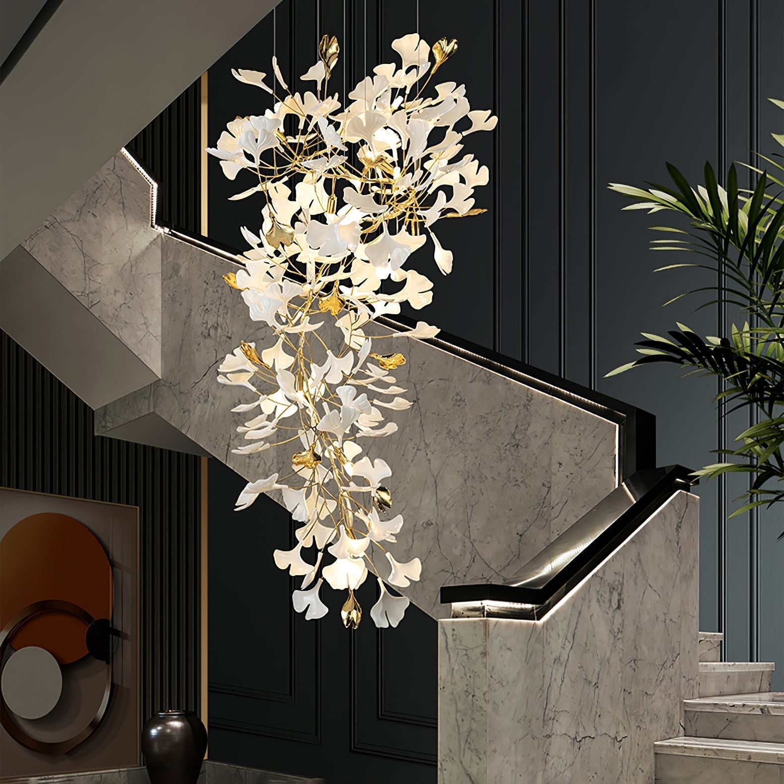 Olivia Ceramic Gingko  Chandelier  Luxury  Hotel Staircase