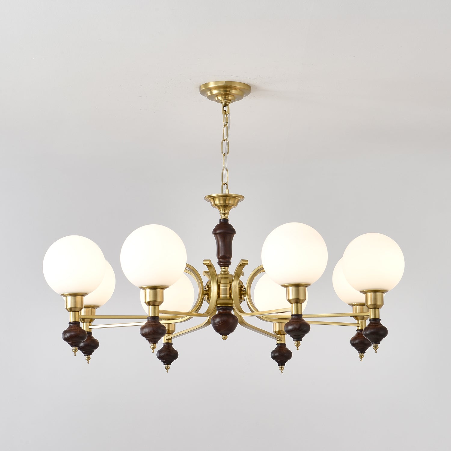 Lustra Chandelier Wood & Brass Globe Orb