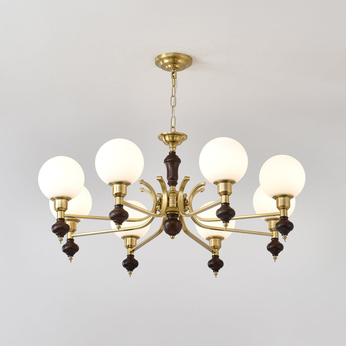Lustra Chandelier Wood & Brass Globe Orb