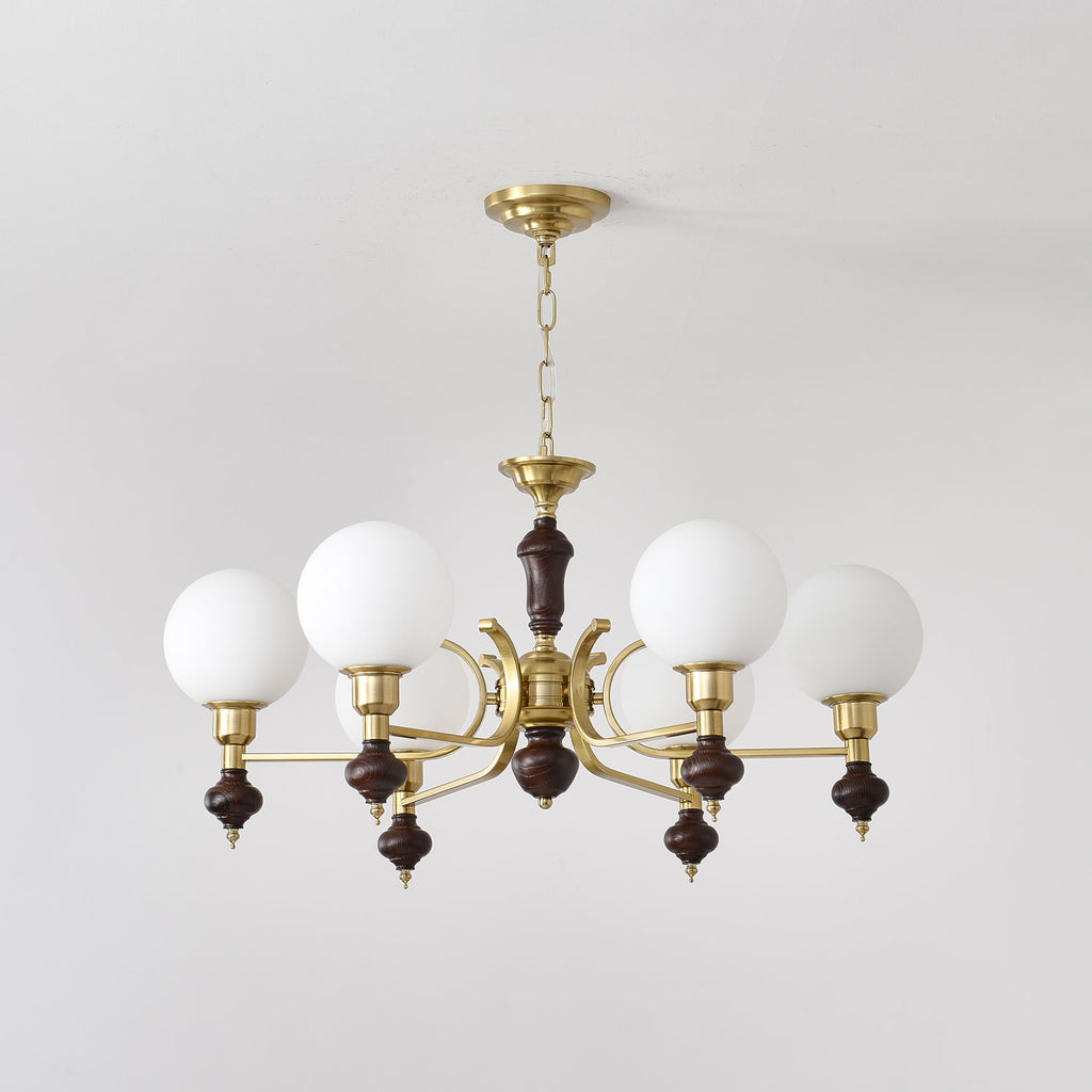 Lustra Chandelier Wood & Brass Globe Orb
