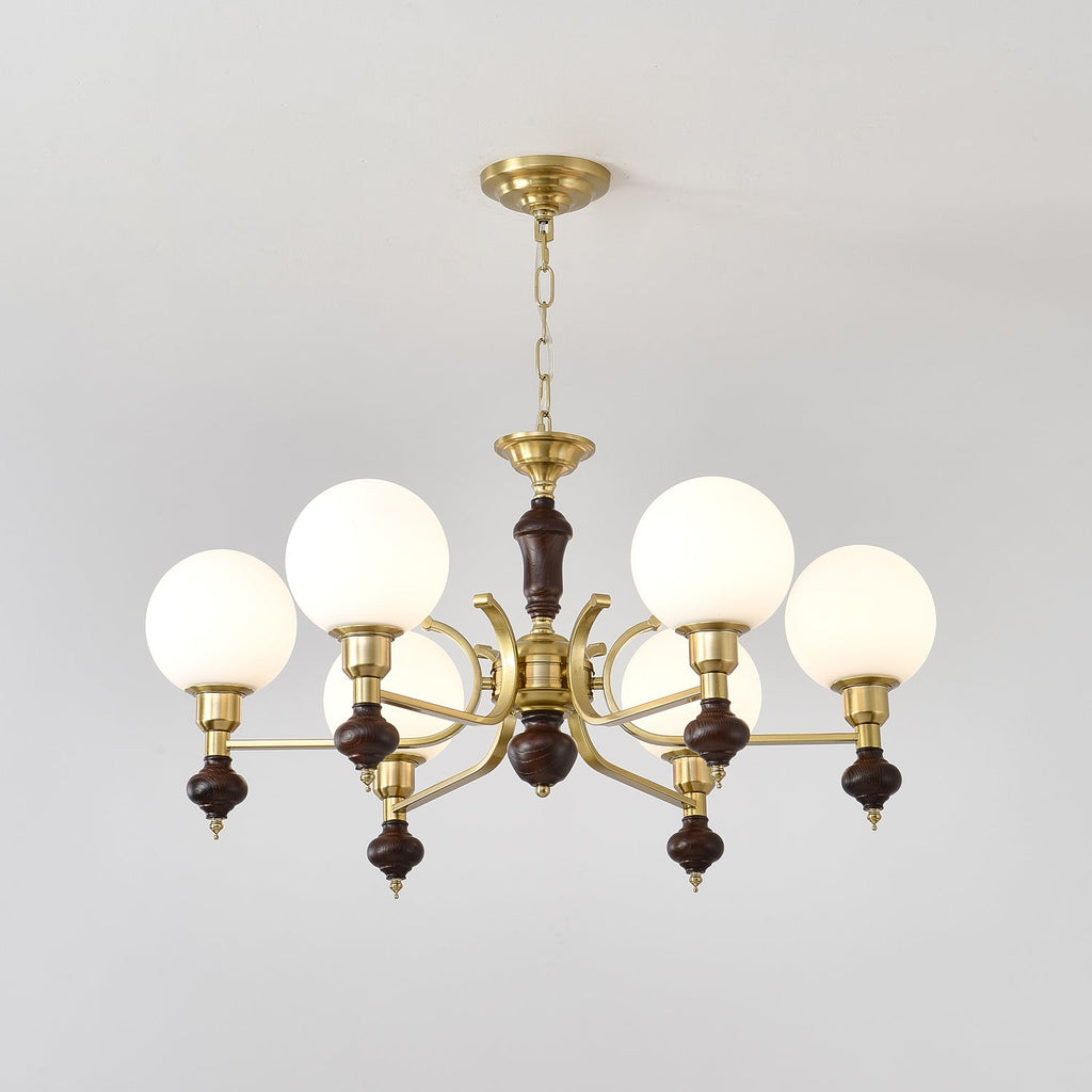 Lustra Chandelier Wood & Brass Globe Orb