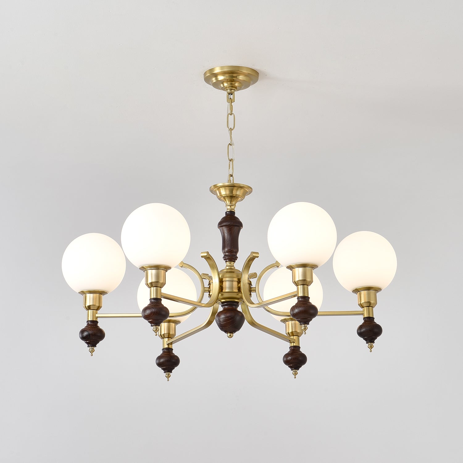 Lustra Chandelier Wood & Brass Globe Orb