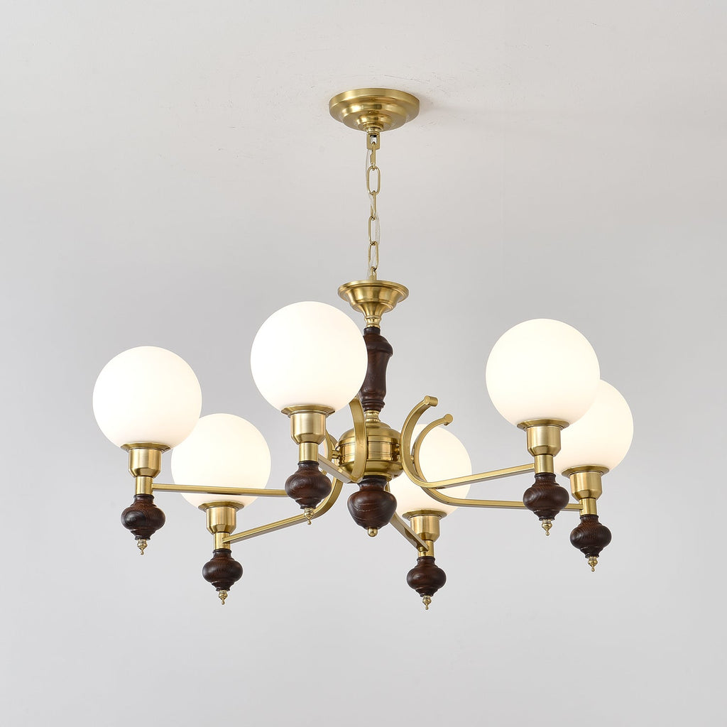 Lustra Chandelier Wood & Brass Globe Orb