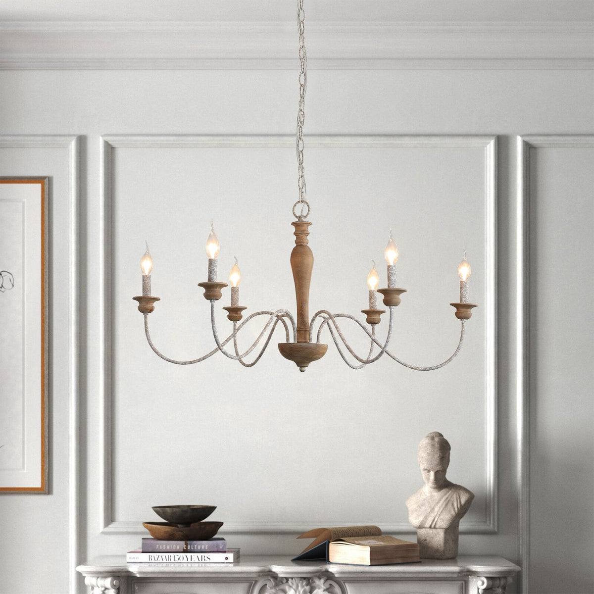Illoros Vintage Industrial Candle Hand-carved Wood Chandelier