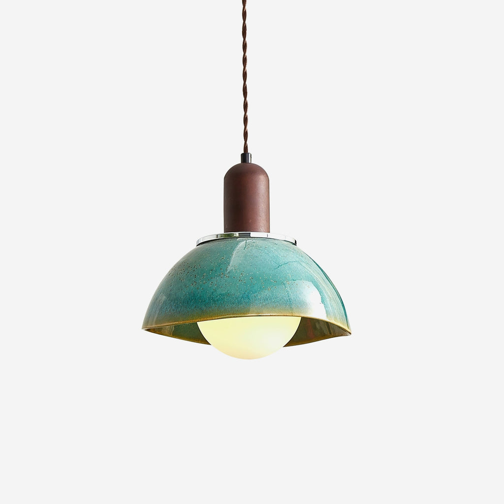 Pendant Lamp Ceramic Glazed Dome Walnut Wood Rustic Ambient Glow