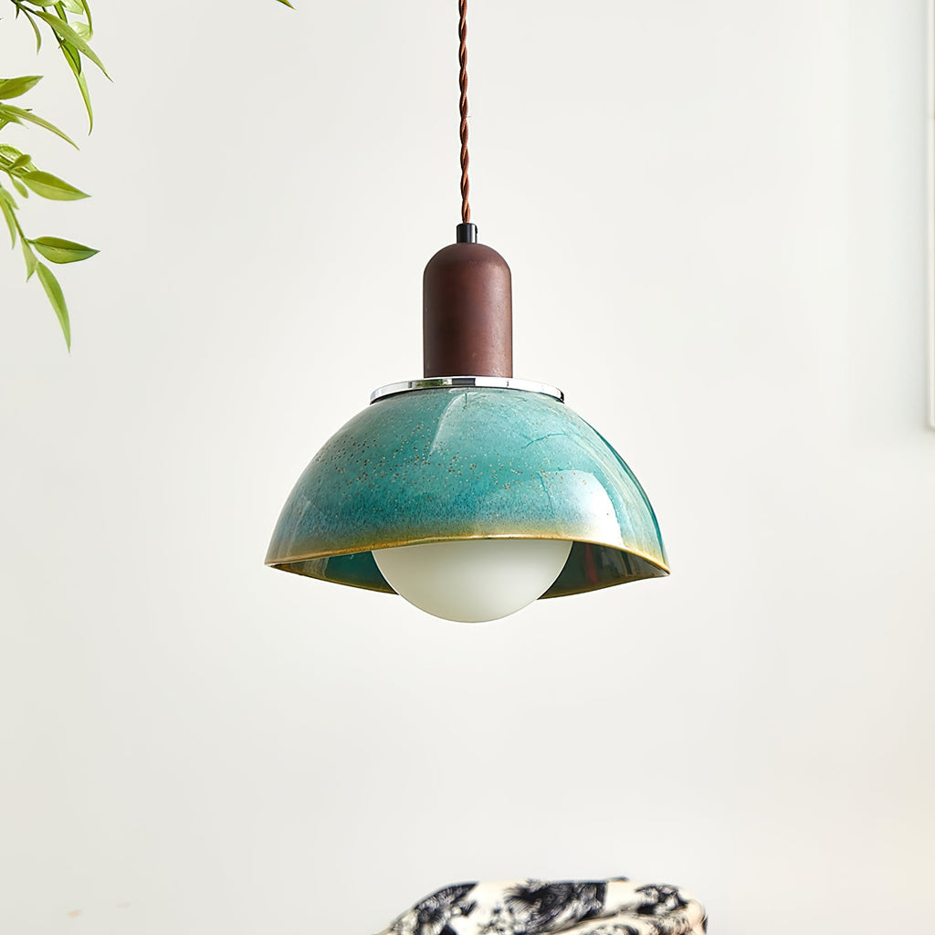 Pendant Lamp Ceramic Glazed Dome Walnut Wood Rustic Ambient Glow