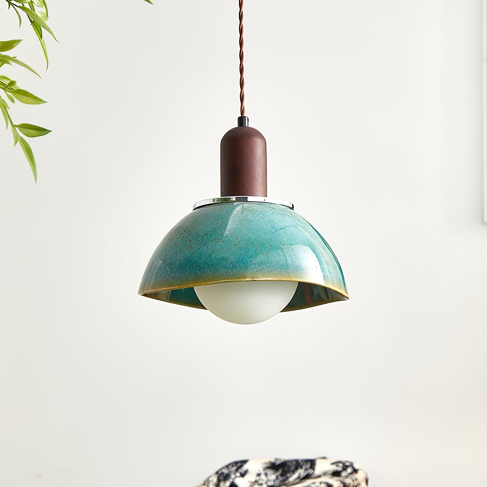 Pendant Lamp Ceramic Glazed Dome Walnut Wood Rustic Ambient Glow
