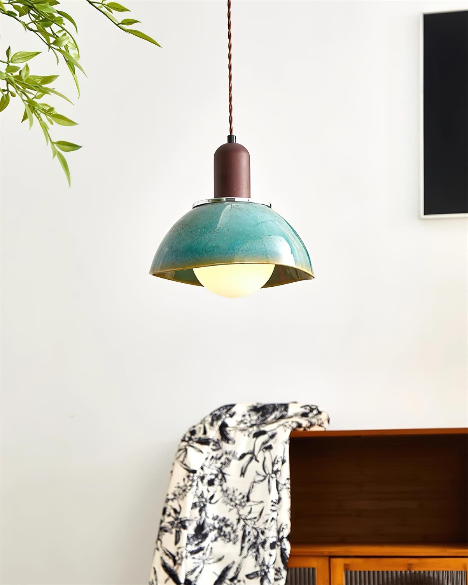 Pendant Lamp Ceramic Glazed Dome Walnut Wood Rustic Ambient Glow