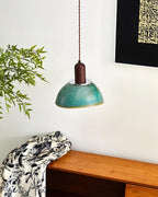 Pendant Lamp Ceramic Glazed Dome Walnut Wood Rustic Ambient Glow
