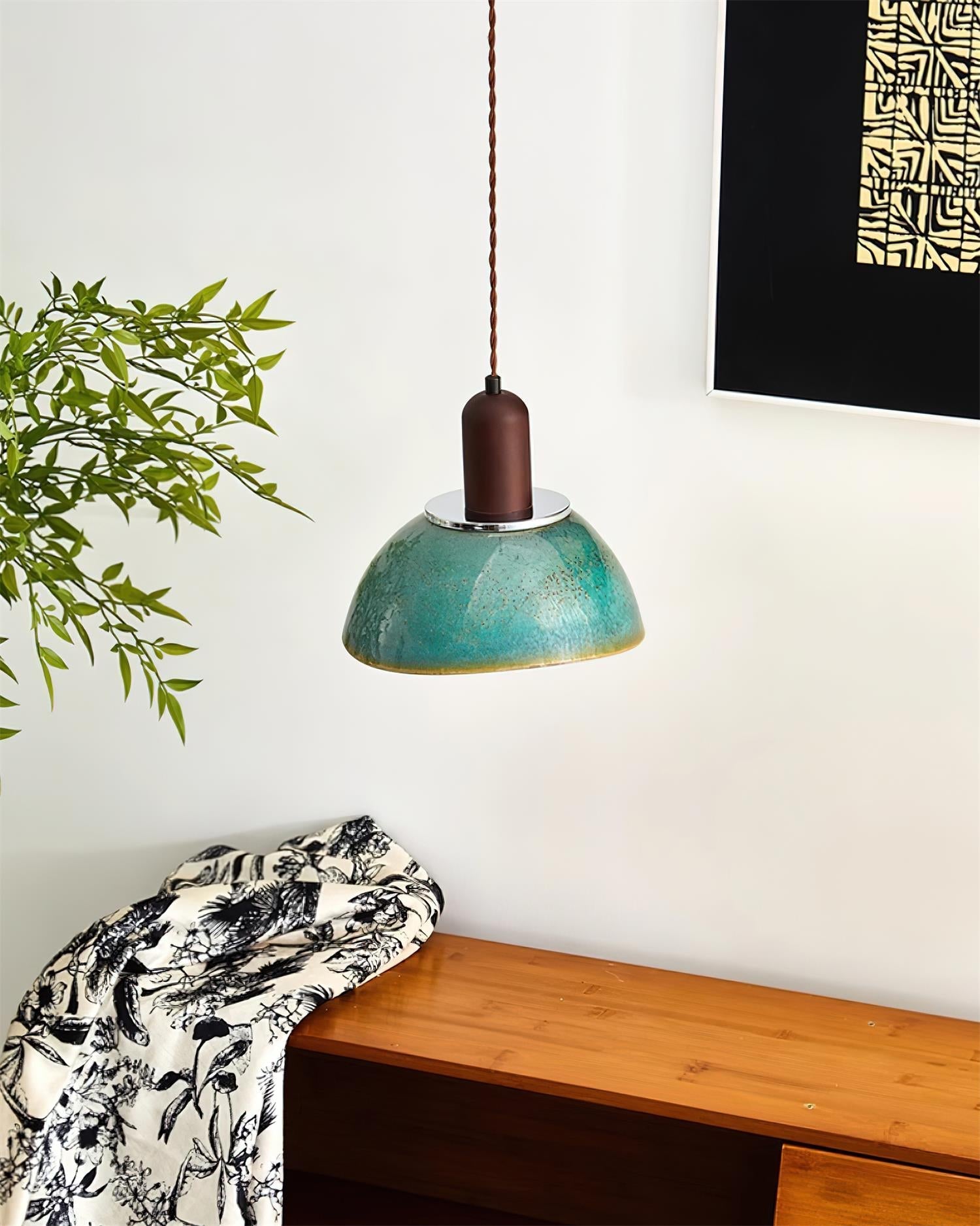 Pendant Lamp Ceramic Glazed Dome Walnut Wood Rustic Ambient Glow