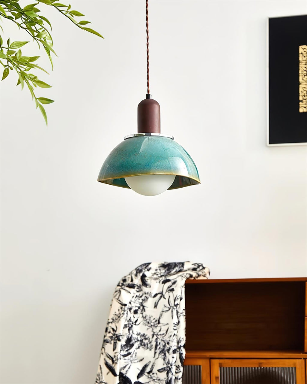 Pendant Lamp Ceramic Glazed Dome Walnut Wood Rustic Ambient Glow