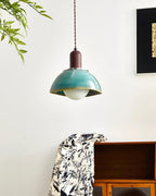 Pendant Lamp Ceramic Glazed Dome Walnut Wood Rustic Ambient Glow