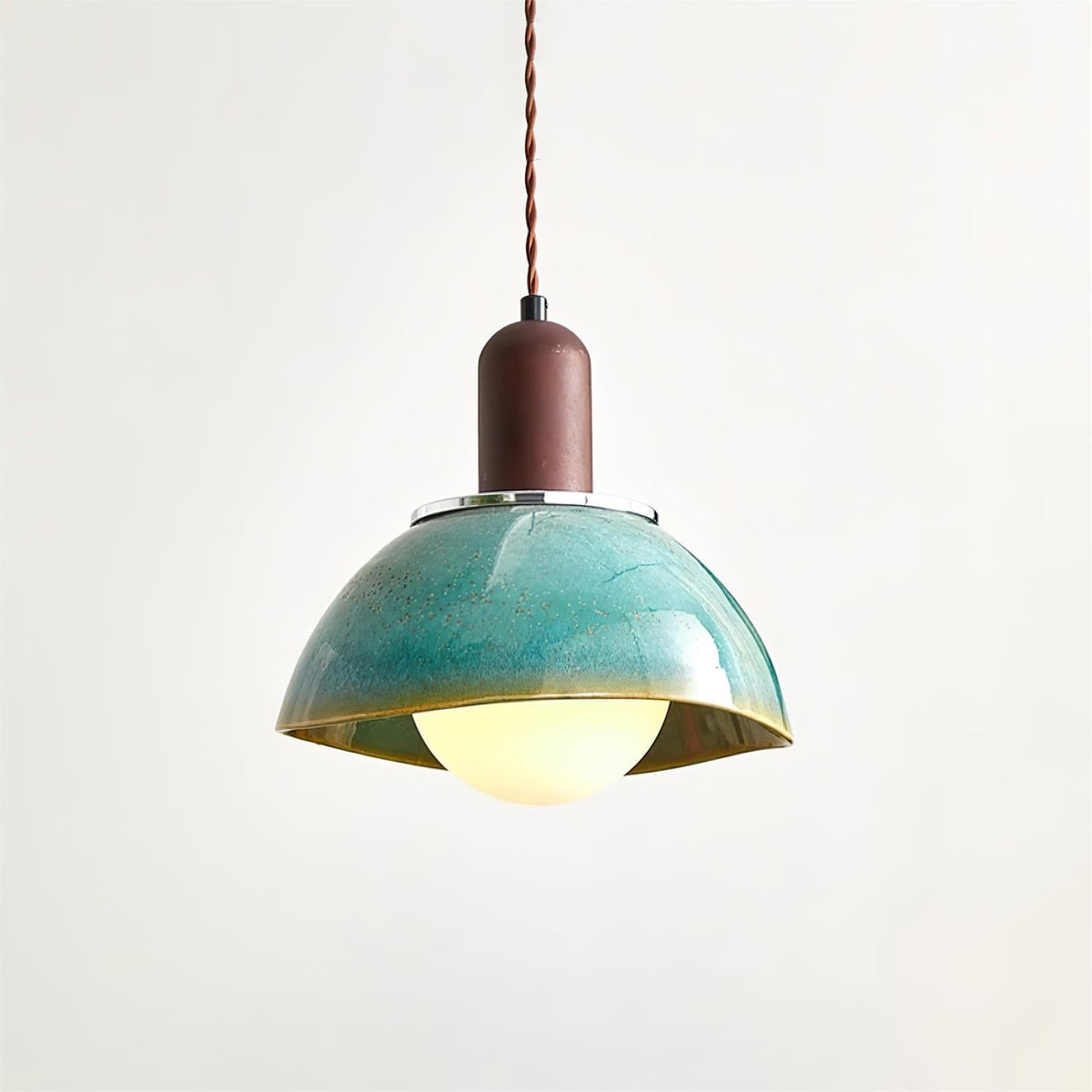 Pendant Lamp Ceramic Glazed Dome Walnut Wood Rustic Ambient Glow