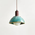 Pendant Lamp Ceramic Glazed Dome Walnut Wood Rustic Ambient Glow