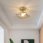Ceiling Light Amber Swirl Glass Shade Brass Vintage Industrial