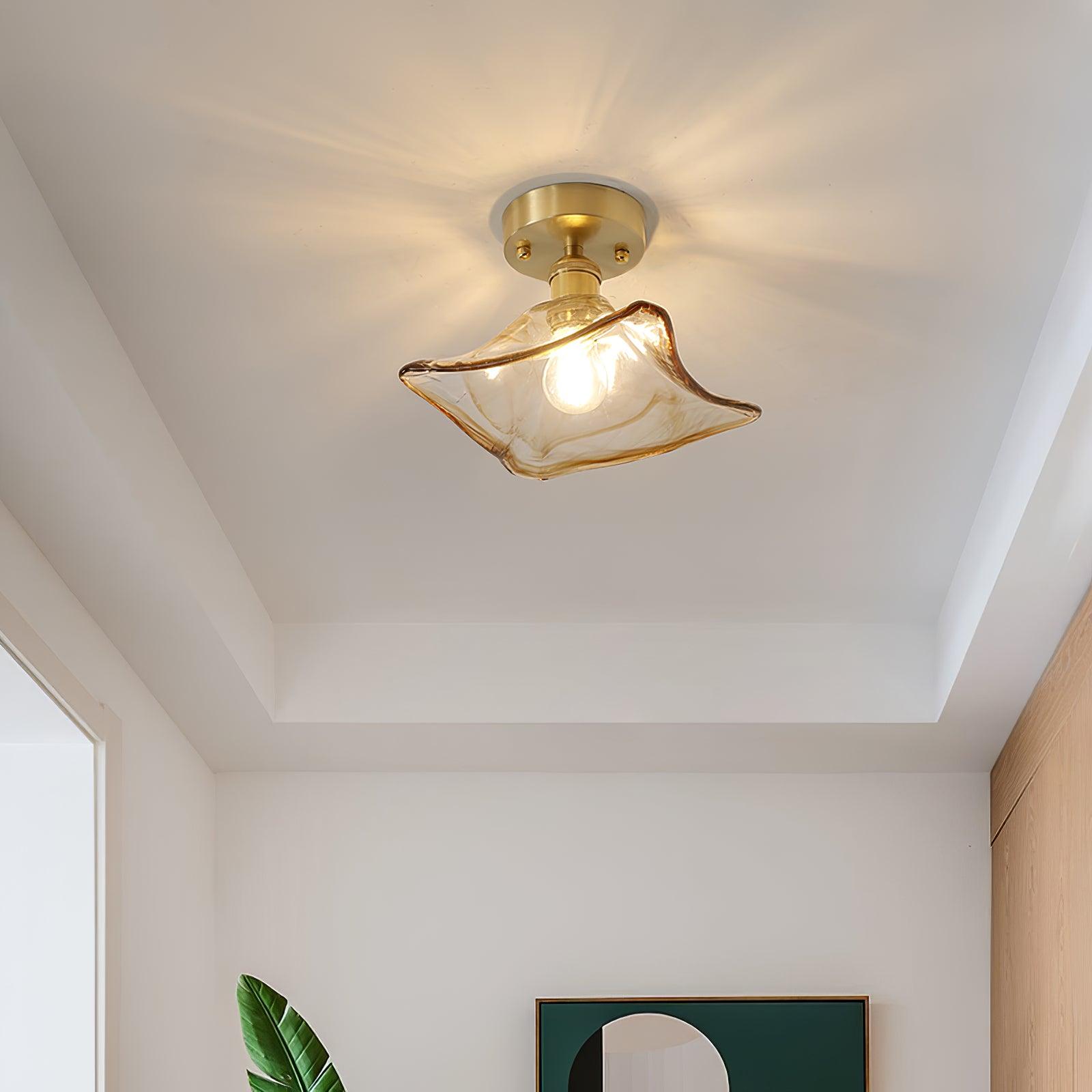 Ceiling Light Amber Swirl Glass Shade Brass Vintage Industrial