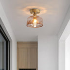Ceiling Light Amber Swirl Glass Shade Brass Vintage Industrial