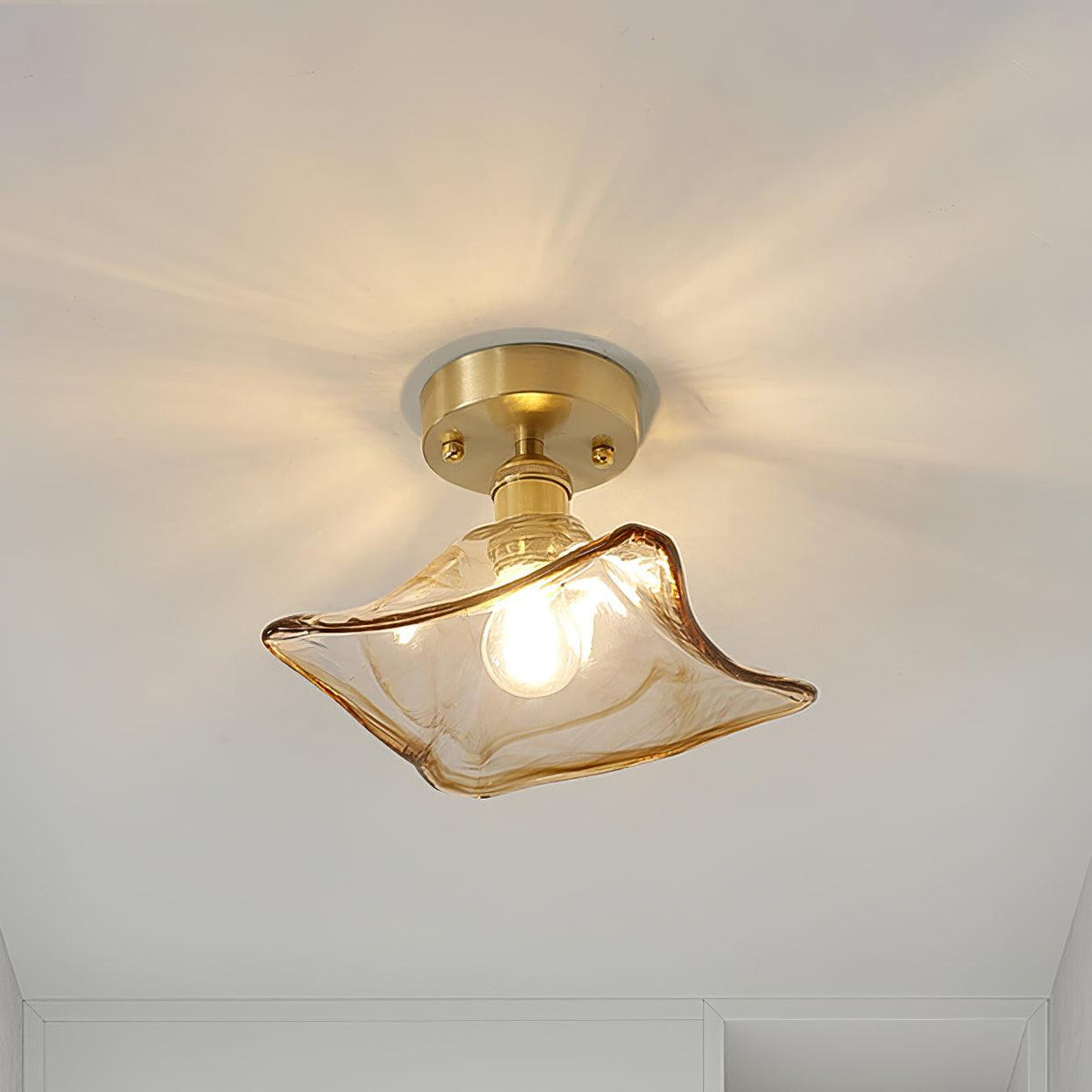 Ceiling Light Amber Swirl Glass Shade Brass Vintage Industrial