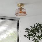 Ceiling Light Amber Swirl Glass Shade Brass Vintage Industrial