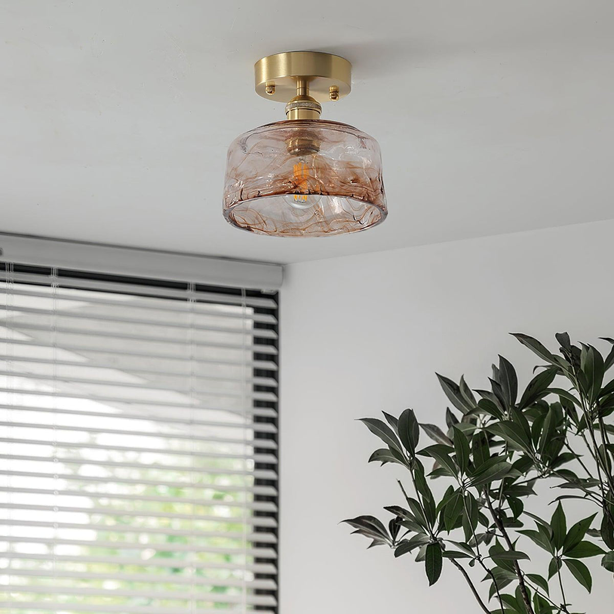 Ceiling Light Amber Swirl Glass Shade Brass Vintage Industrial