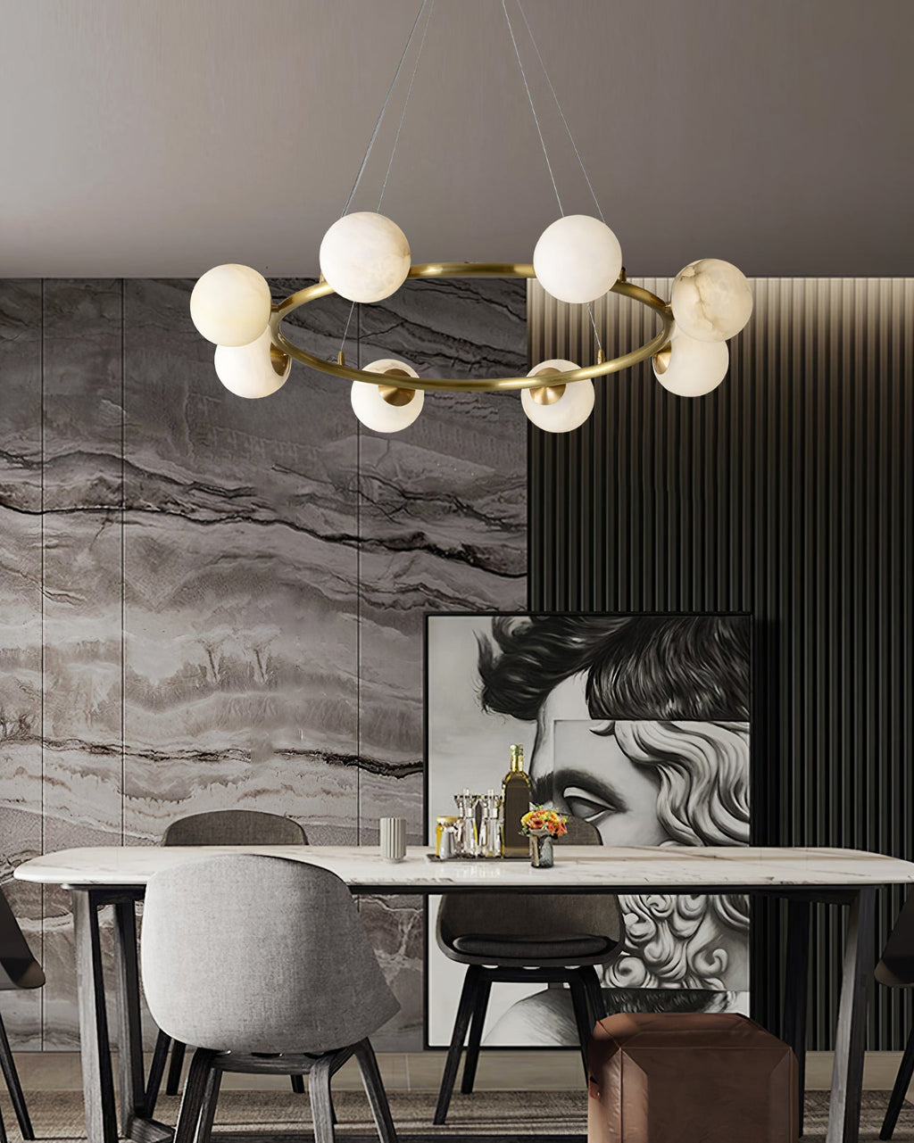 Helix Chandelier Alabaster Globe Halo
