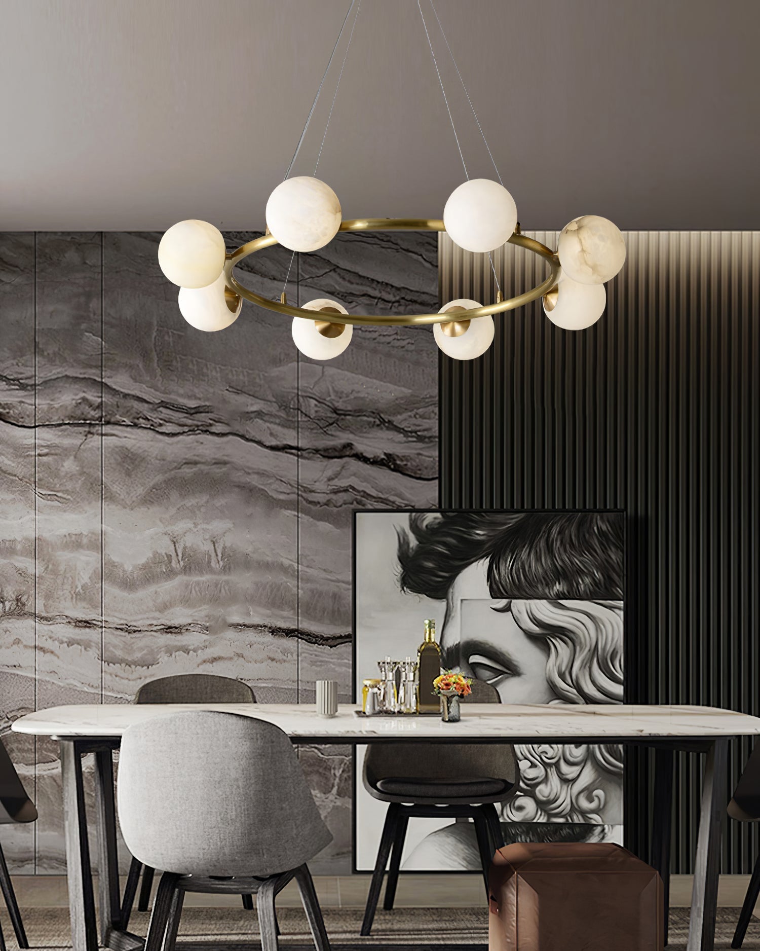 Helix Chandelier Alabaster Globe Halo