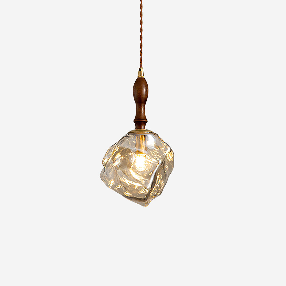 Pendant Lamp Walnut Wood Glass Cube Shade Sculptural Chic