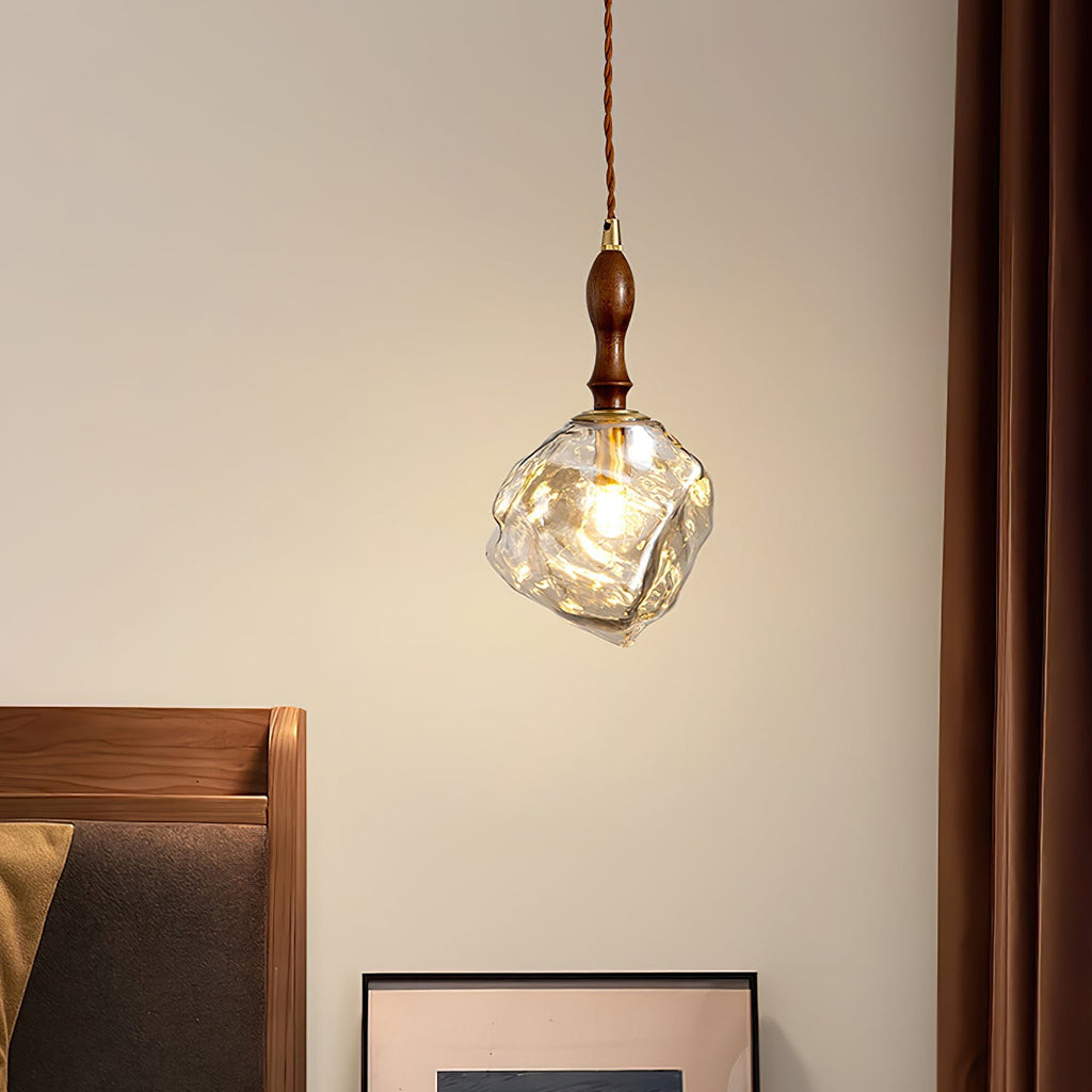Pendant Lamp Walnut Wood Glass Cube Shade Sculptural Chic