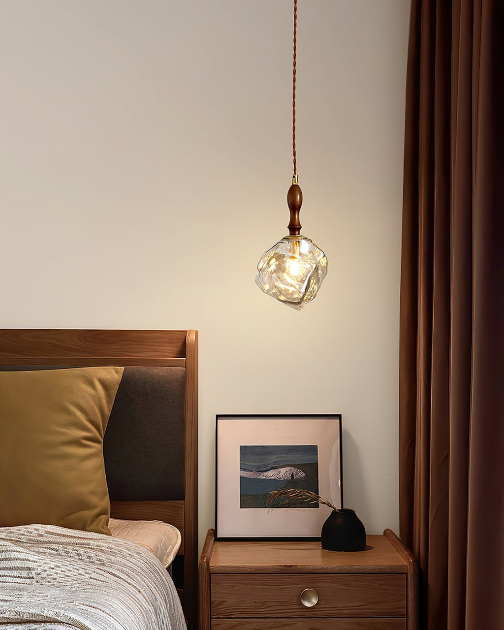 Pendant Lamp Walnut Wood Glass Cube Shade Sculptural Chic