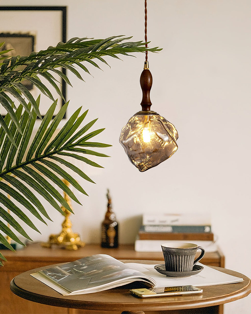 Pendant Lamp Walnut Wood Glass Cube Shade Sculptural Chic
