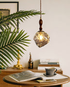 Pendant Lamp Walnut Wood Glass Cube Shade Sculptural Chic