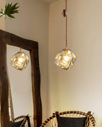 Pendant Lamp Walnut Wood Glass Cube Shade Sculptural Chic