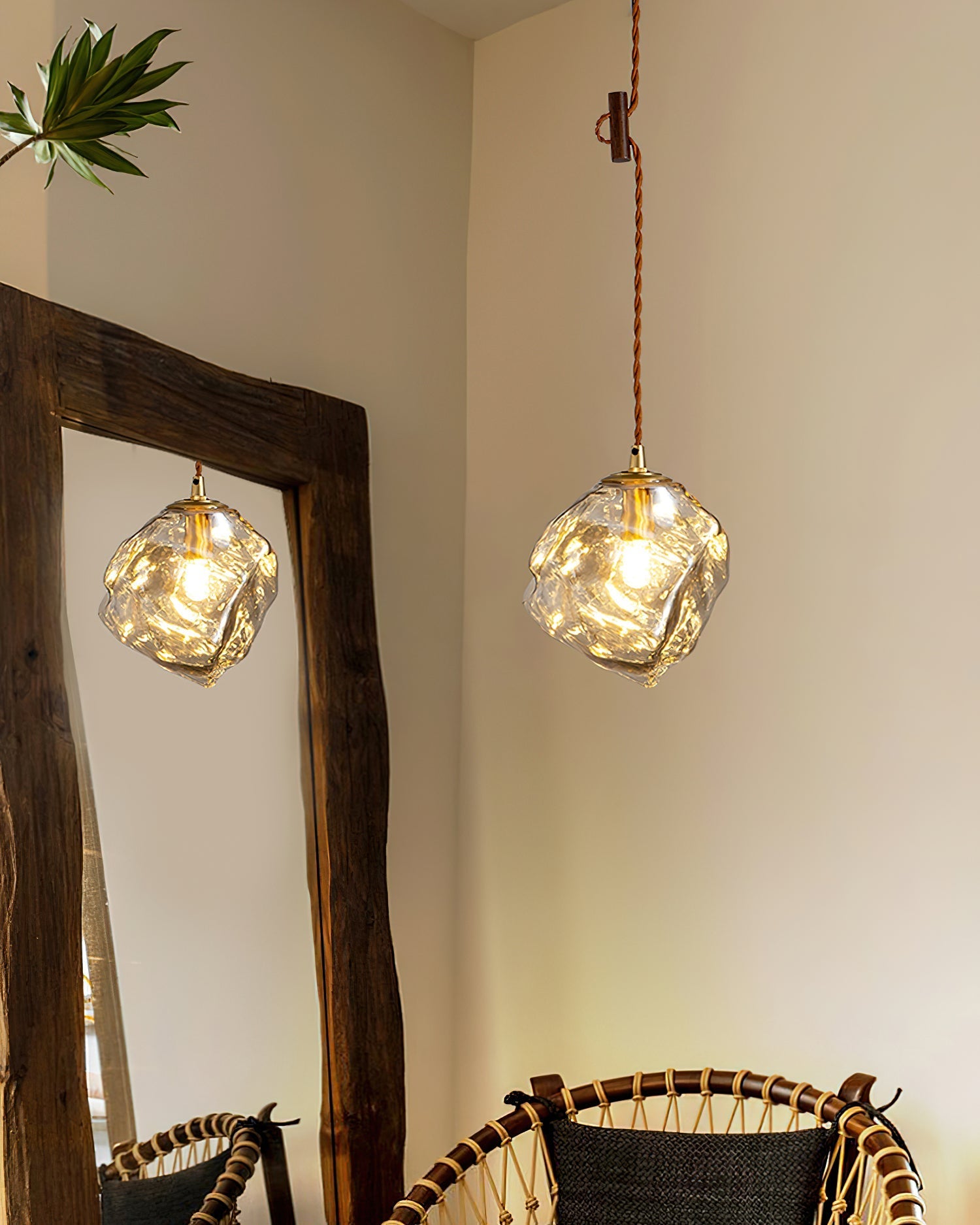 Pendant Lamp Walnut Wood Glass Cube Shade Sculptural Chic