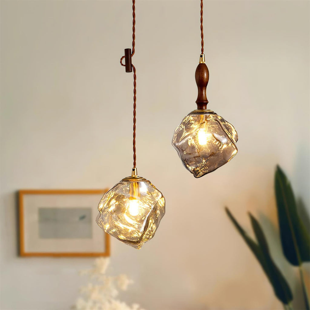 Pendant Lamp Walnut Wood Glass Cube Shade Sculptural Chic