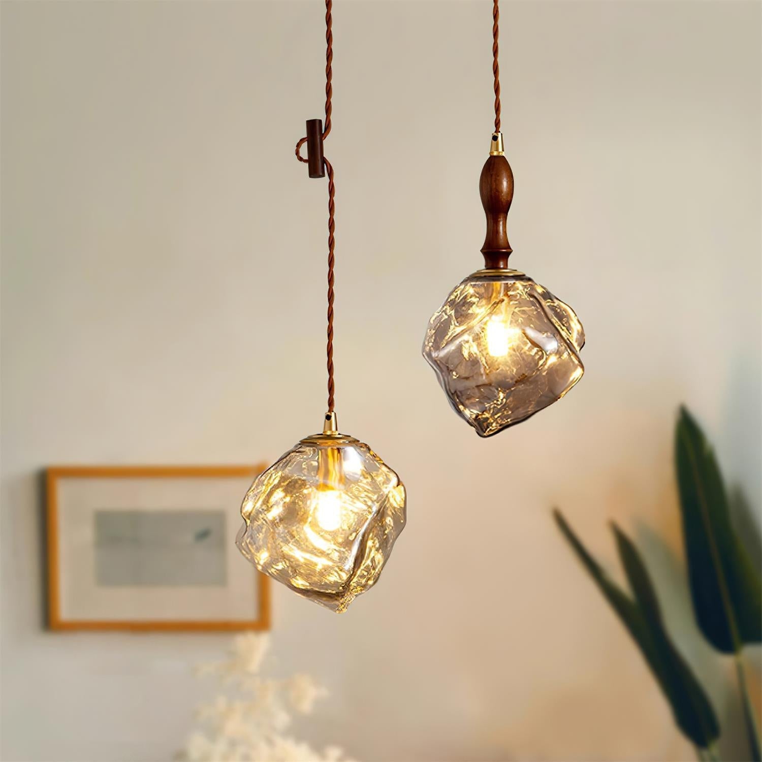 Pendant Lamp Walnut Wood Glass Cube Shade Sculptural Chic