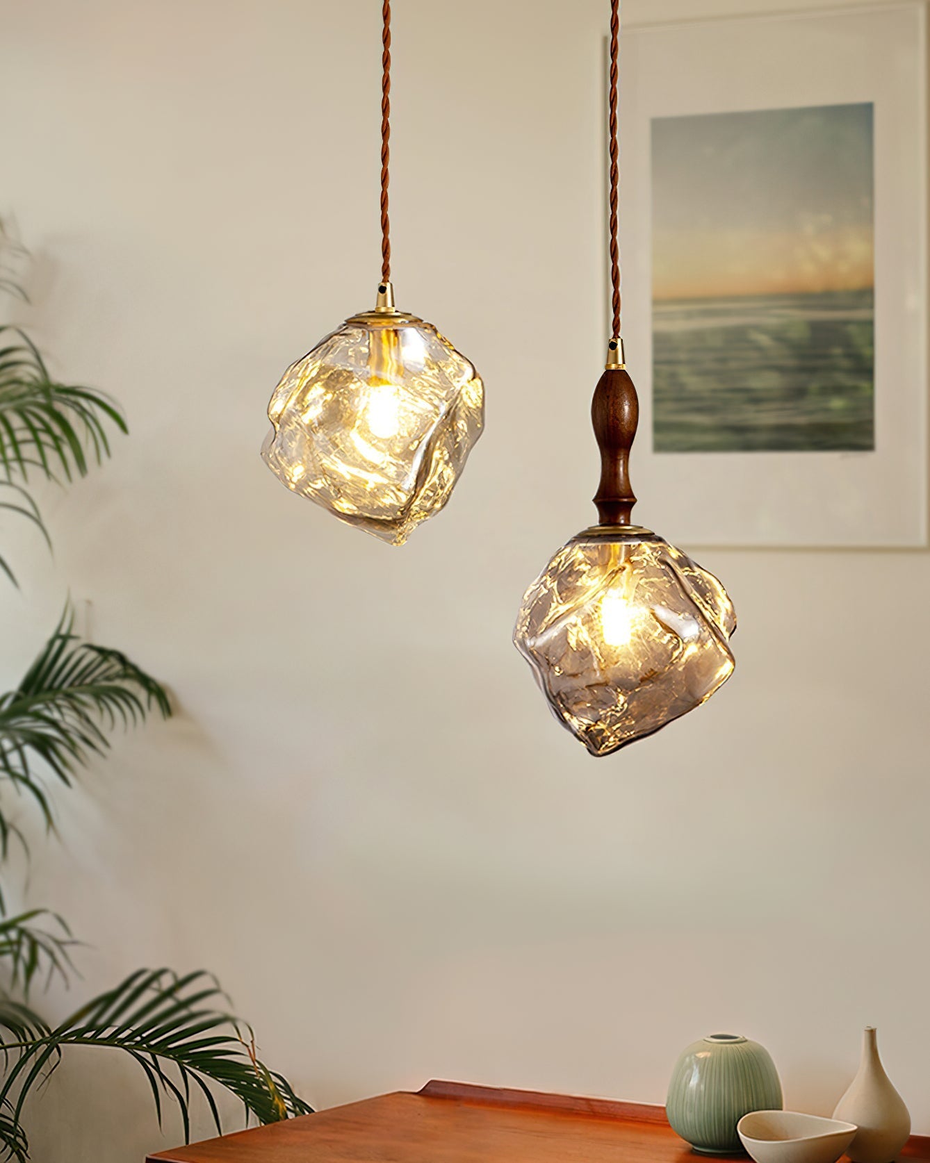 Pendant Lamp Walnut Wood Glass Cube Shade Sculptural Chic