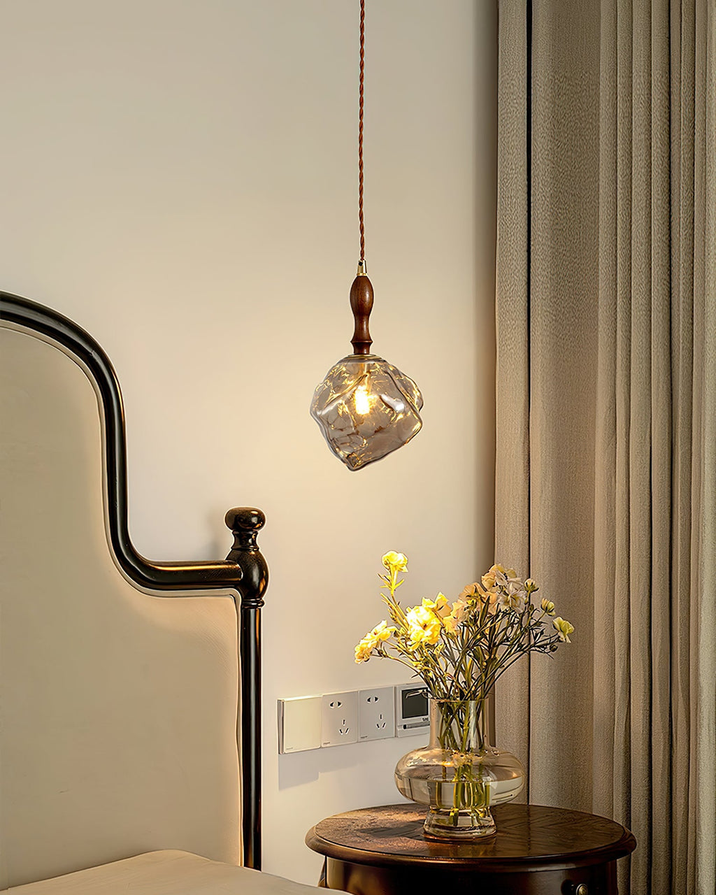 Pendant Lamp Walnut Wood Glass Cube Shade Sculptural Chic