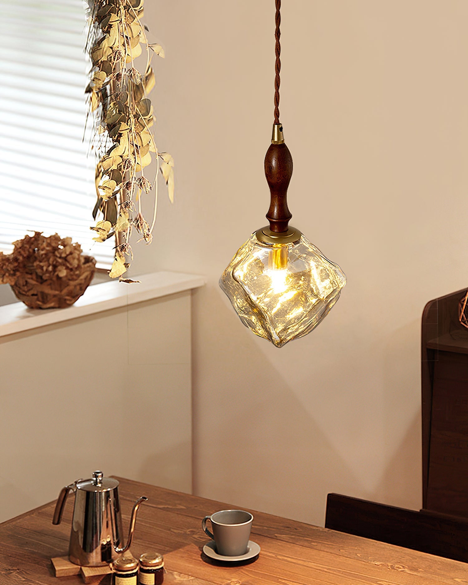 Pendant Lamp Walnut Wood Glass Cube Shade Sculptural Chic