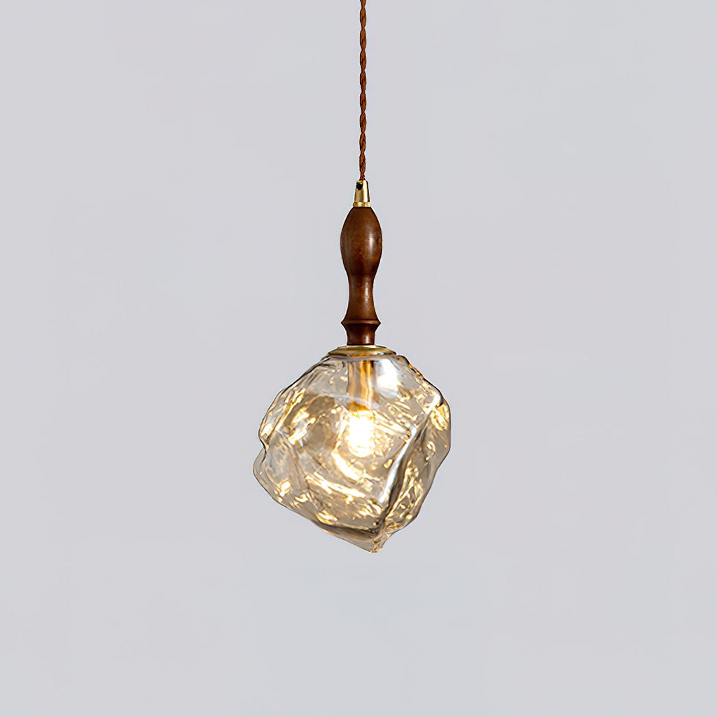 Pendant Lamp Walnut Wood Glass Cube Shade Sculptural Chic