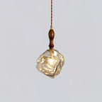 Pendant Lamp Walnut Wood Glass Cube Shade Sculptural Chic