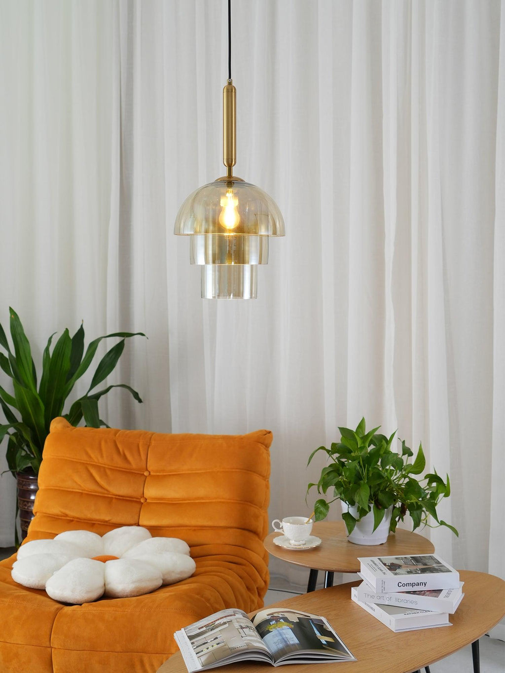 Solara Pendant Lamp Glass Cognac Dome Brass Mid Century