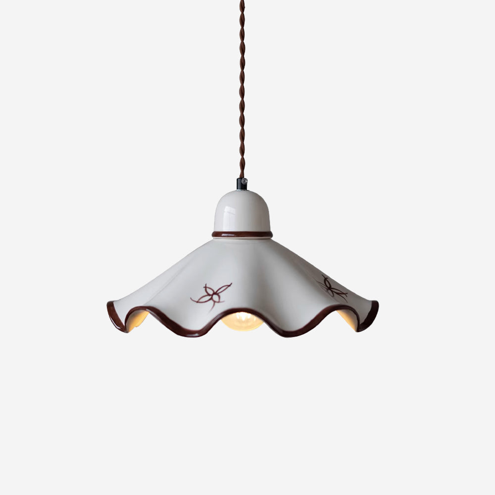 Pendant Lamp Ceramic Wavy Shade Rustic Brown Trim Retro Farmhouse