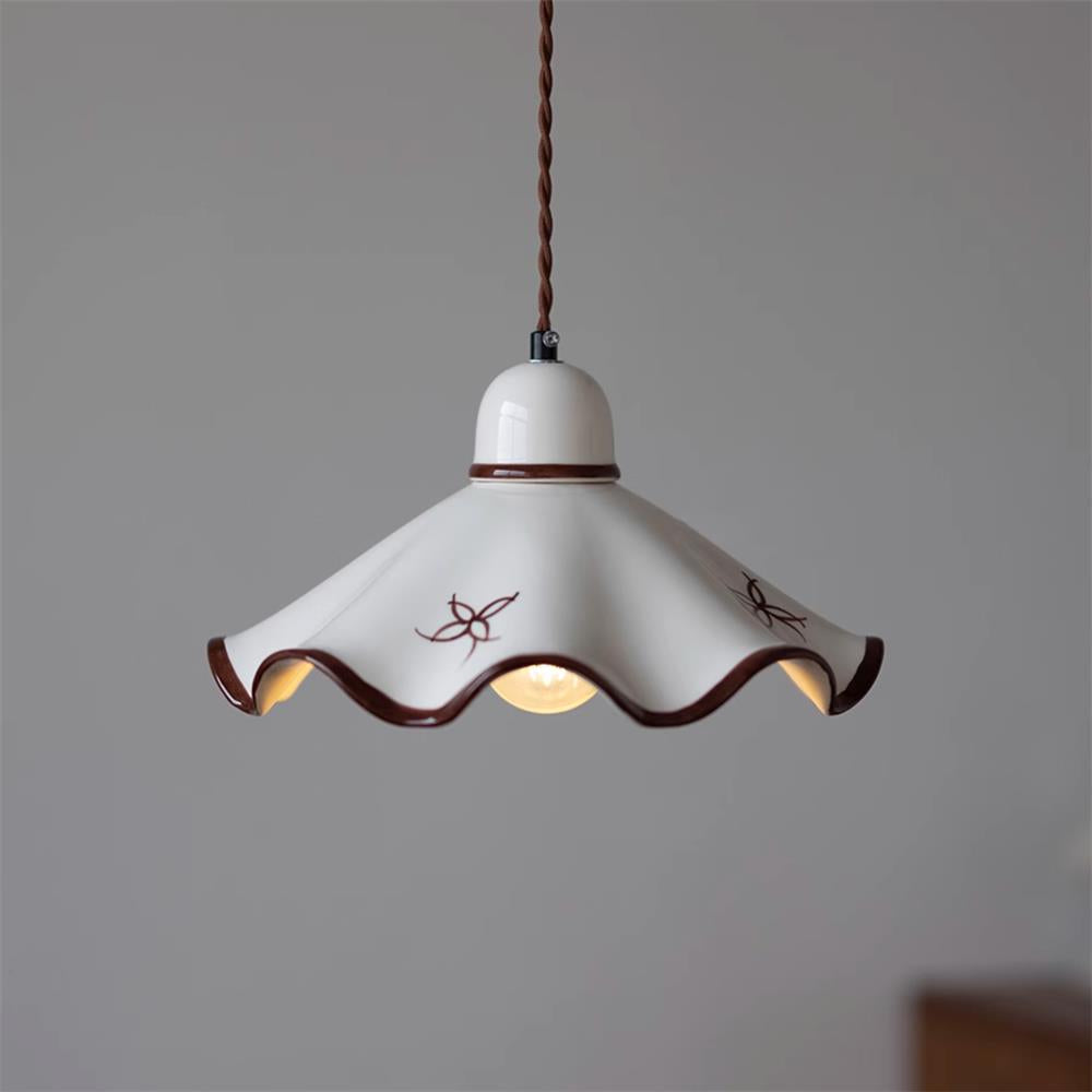 Pendant Lamp Ceramic Wavy Shade Rustic Brown Trim Retro Farmhouse